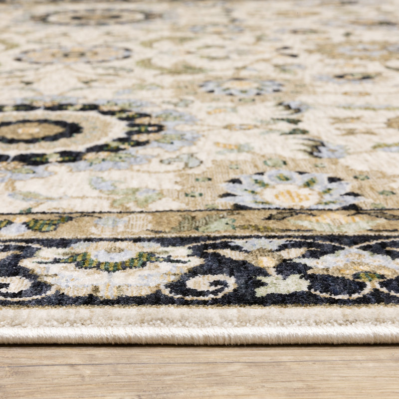 Tapis Xadyn traditionnel à bordure et franges, à poils denses, Multicolore / ivoire, Rectangle 9 pi 10 po x 12 pi 10 po