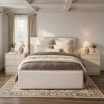3-Pieces Queen Bedroom Set, 1 Queen Upholstered Platform Bed and 2 Nightstands with Waterproof Tabletop
