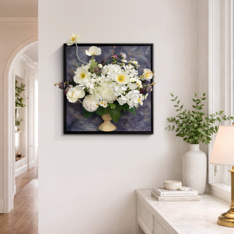 Wall-Mounted 3D Faux Silk Floral Art Wall Accents - Handmade White Flower Bouquet in Vase Hyper Realistic Botanical Arrangement Elegant Neutral Decor for Living Room Bedroom