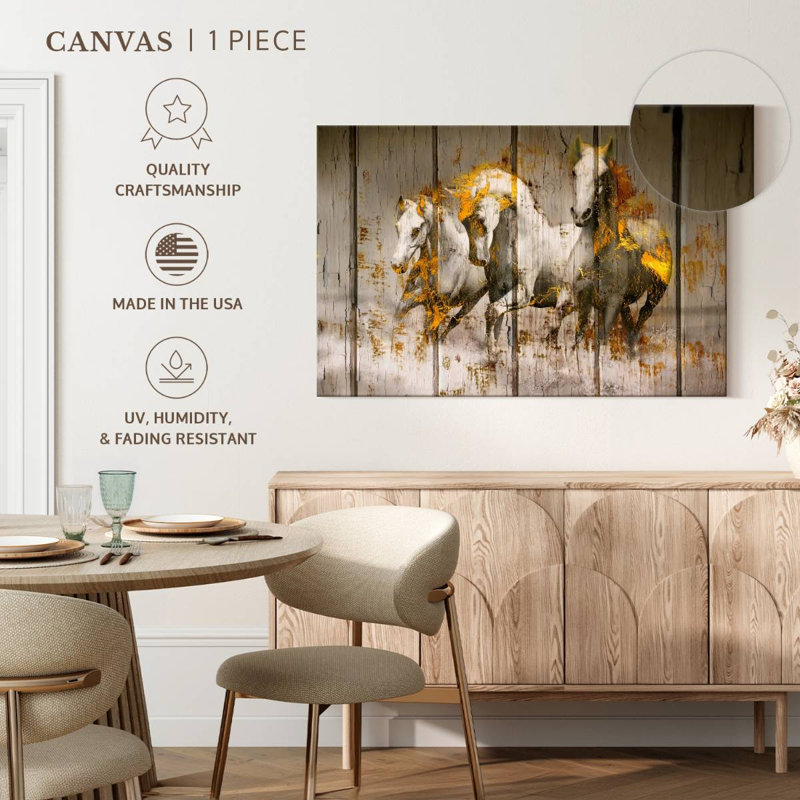 Chevaux blancs dorés sur toile, H 8 po x l 12 po x P 1 po