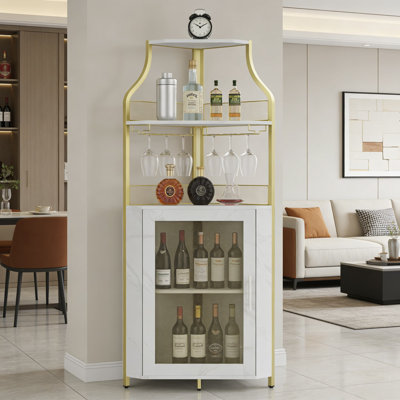 Armoire à vin de coin industrielle avec tablettes réglables, armoire de bar autoportante avec porte en filet et support en verre pour bar de cuisine ou de maison, finition brun rustique