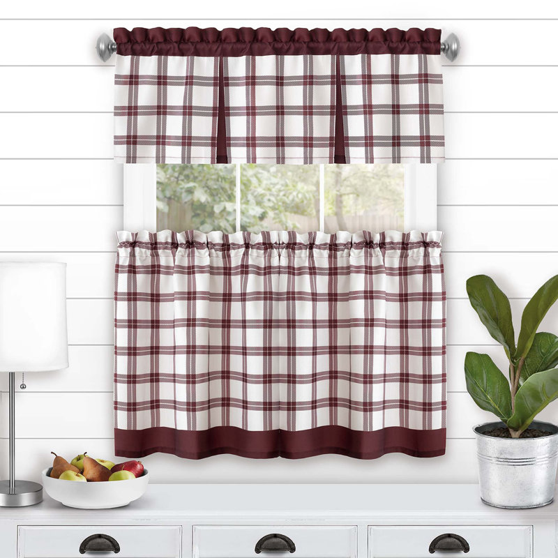 Plaid Tailored 58'' W Kitchen Curtain, 36" W x 58" L, Burgundy