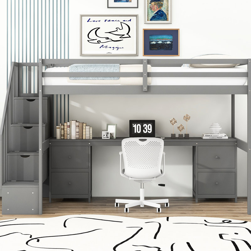 Lit mezzanine simple gris avec bureau et double plateau de rangement simple pour plus de polyvalence