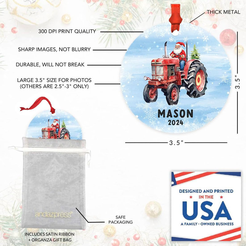 Décoration de Noël personnalisée en forme de tracteur rouge père Noël avec flocons de neige, décoration d'arbre de Noël en métal 20xx