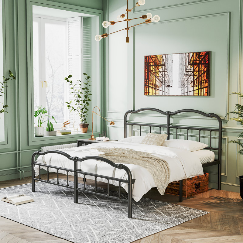 Amylia Double Wave Headboard and Footboard Heavy Duty Anti-sway 14in High Steel Tube Iron Bed with Storage, King