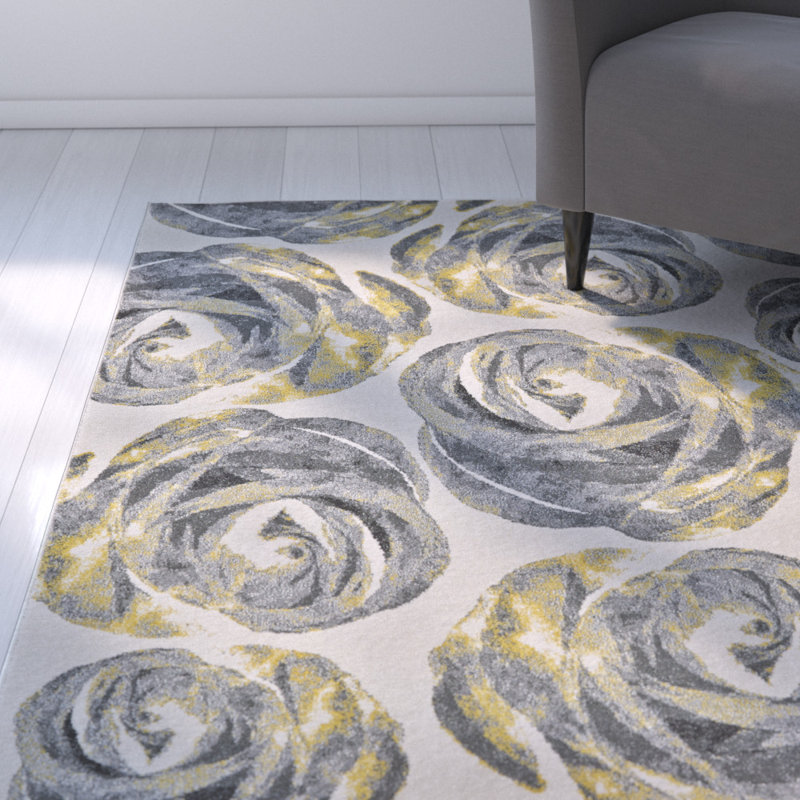 Harvey Floral Area Rug in Graphite/Yellow, Rectangle 10' x 13'2"