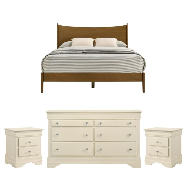 Barvelle Solid Wood 4 Piece Bedroom Set, Brown/Ivory, 4 Pcs: Bed, Dresser, 2 Nightstands