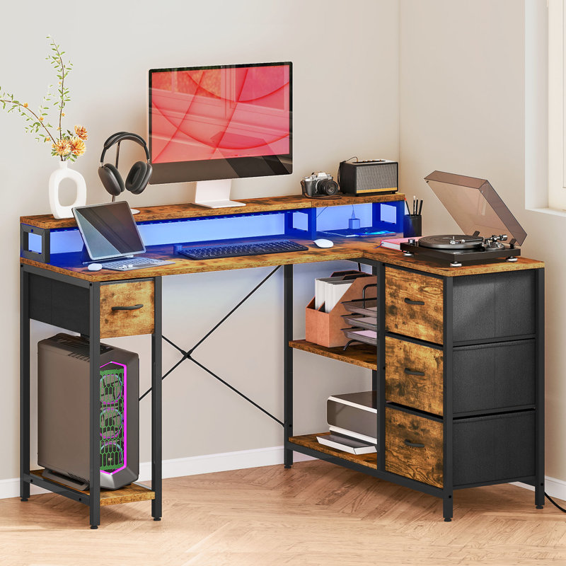 L-Shaped Computer Desk With 4 Drawers, Gaming Desk With Power Outlet And Monitor Stand, Corner Desk, Brown/Black