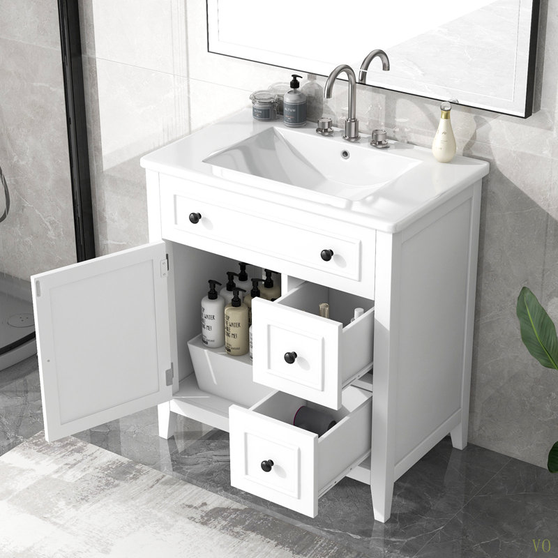 Meuble-lavabo 30 po avec comptoir, meuble-lavabo avec porte et deux tiroirs, structure en bois massif, un paquet, Blanc, Noir