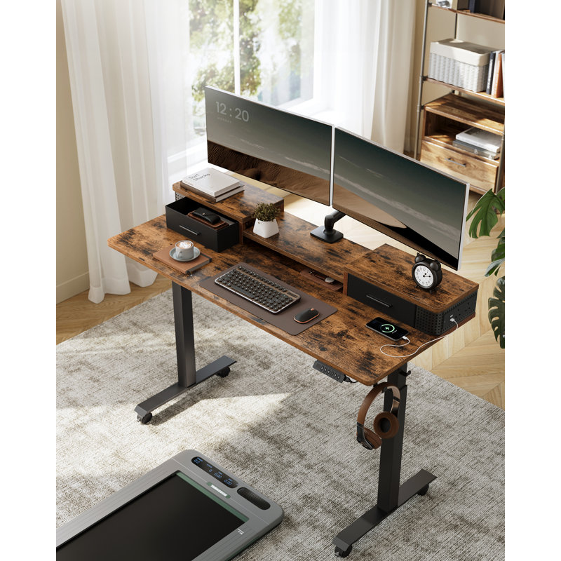 Arrihanna Adjustable Metal Base Standing Desk with Power Outlet, Brown, Black