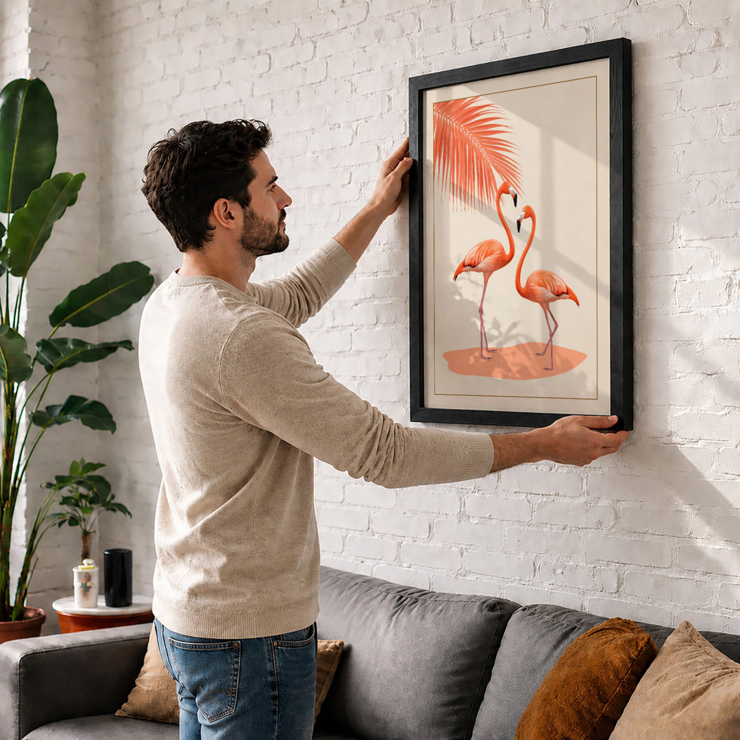 Flamingos Under Palm Tropical - Framed Print