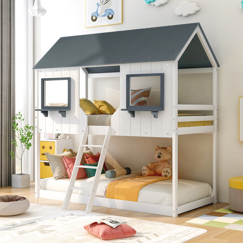 Twin Over Bunk Bed  White  - Solid Construction With Window In White Playhouse Inspired Design