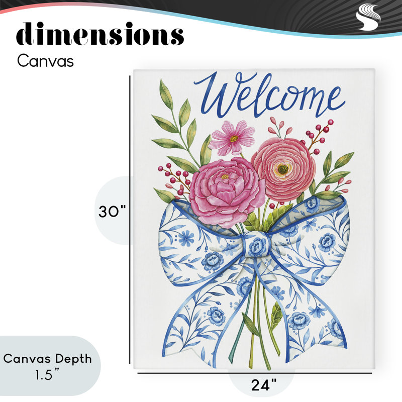 Bow & Flowers Welcome Canvas, conception par Deb Strain, H 30 po x l 24 po