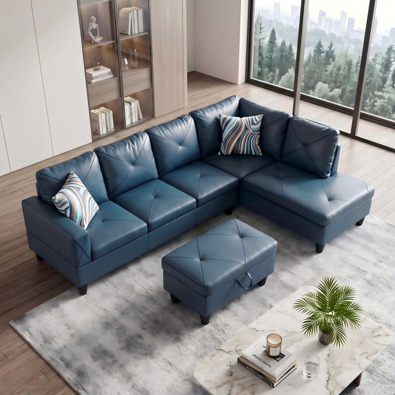 3-Piece Leather Couch Set -Upholstered Sofa with Ottoman, Blue, Right Hand Facing