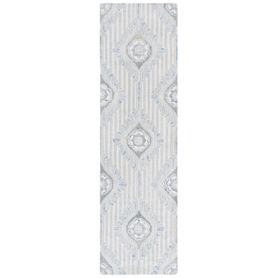 Faust 405 Hand Tufted Wool/Viscose/Cotton Damask Rug in Light Gray/Blue