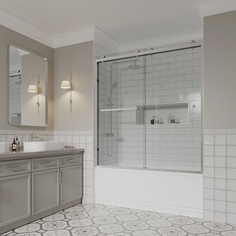 56" - 60" W x 64"H Frameless  Double Sliding Glass Tub Shower Doors | 5/16" (10mm) Clear Tempered Glass | Leak-Proof Precision | Durable Stainless Steel Hardware | Perfect Adjustment Uneven Walls