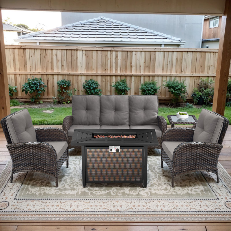 Aluel 5-Pieces Outdoor patio Seating Set Featuring Rectangular Fire Pit Table with Windshield, Gray