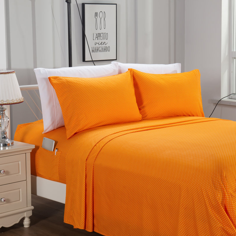 Microfiber Percale Polka Dots Sheet Set, Orange, Queen