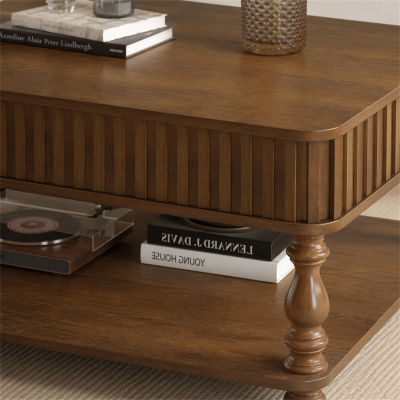 Table basse à plateau relevable cannelé 31,5 pouces avec rangement ouvert et caché, Noyer brun