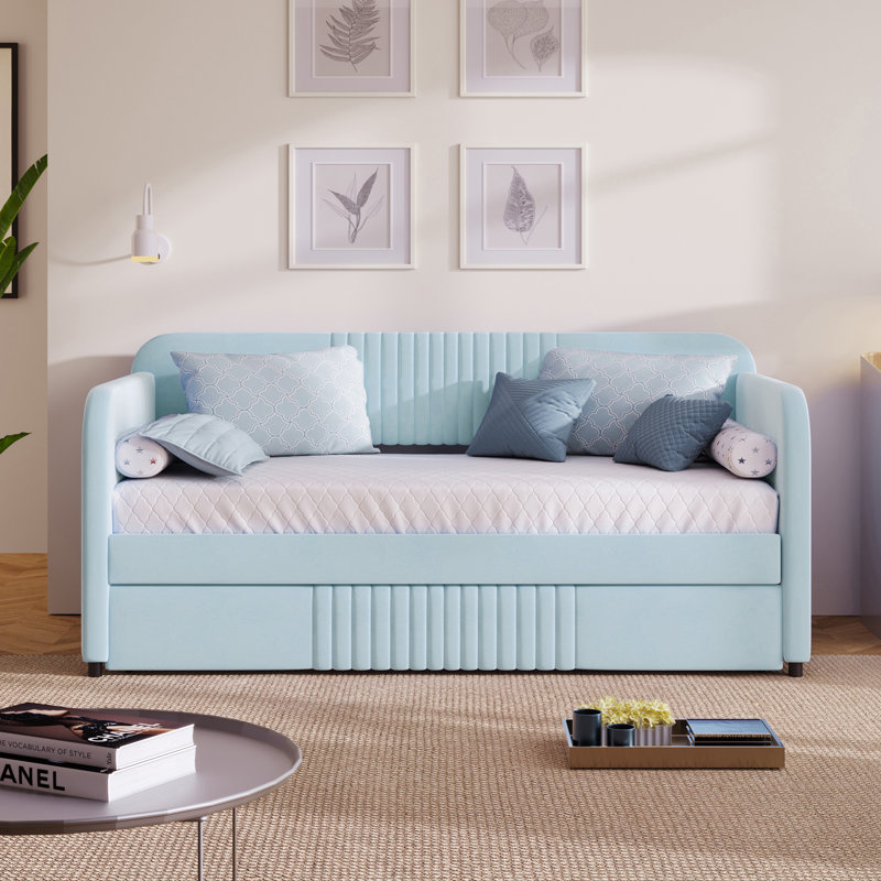 Upholstered Daybed Sofa Bed With Trundle Bed, Light Blue