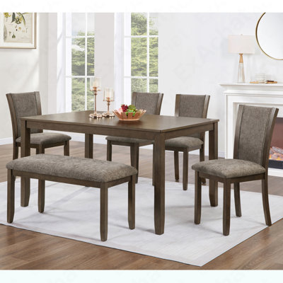 Ensemble de table de salle à manger 6 pièces avec banc et chaises, ensemble de table de salle à manger en bois pour 6 personnes, ensemble de table de salle à manger de style rustique pour 6 personnes, noyer foncé