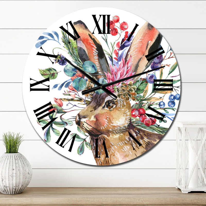 Hare With Flowers - Traditional Wall Clock, Medium