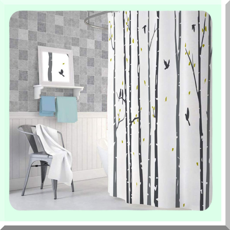Rustic Birch Forest Shower Curtain - Neutral Grey Tree Design with Rowley Birds, Black and White Abstract Bathroom Decor, Hooks Included