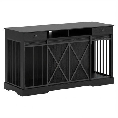 63" Double Dog Crate with Storage Drawers – Sliding Barn Doors & Removable Divider, Furniture-Style Pet Cage for 2 Dogs, Black