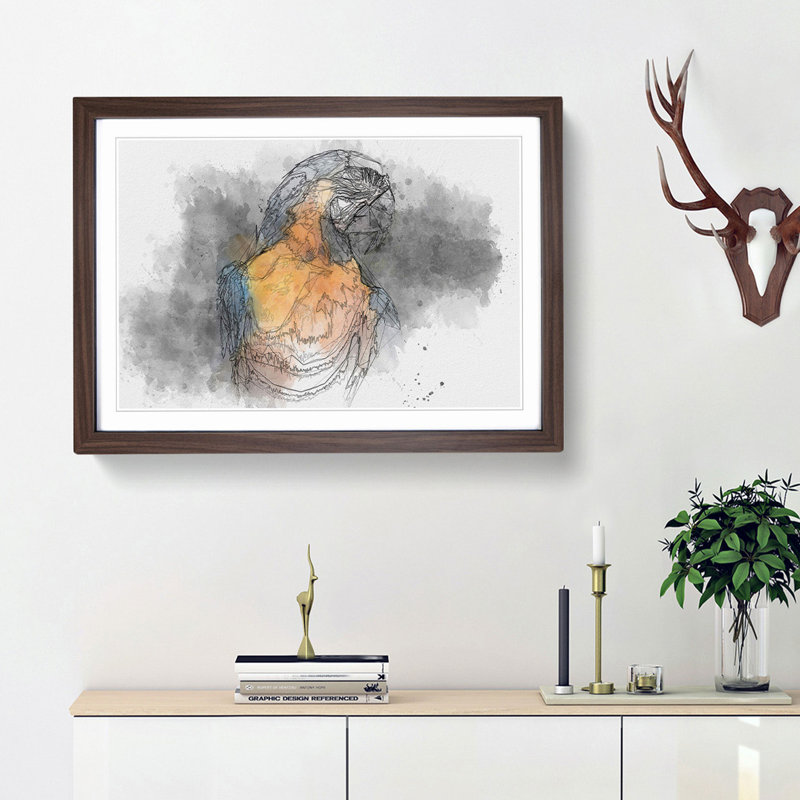 Blue and Yellow Macaw Parrot in Abstract - Picture Frame Drawing Print, Walnut Framed, 48cm H x 65cm W x 2cm D