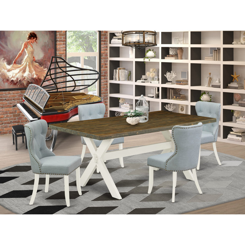 L'ensemble de table et de chaises de cuisine 5 pièces comprend une table de salle à manger rectangulaire avec pieds en X et 4 chaises Parson en tissu bleu bébé, lin brossé blanc
