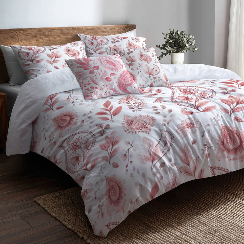Ensemble de housse de couette French Country, ensemble de 5 - Ensemble de literie et coussin décoratif transitionnel rouge et blanc