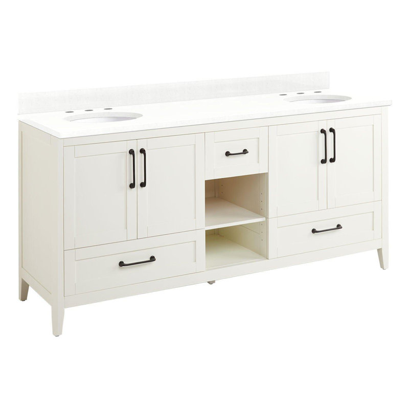 Ensemble de meuble-lavabo double 72 "avec lavabos ovales encastrés Burfield, 8 po, Quartz blanc plume, Blanc
