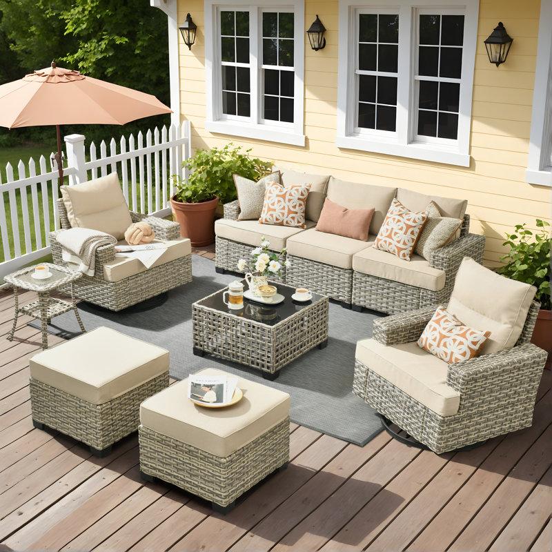 7- Person Rattan Outdoor Seating Group With Swivel Rockers, Beige