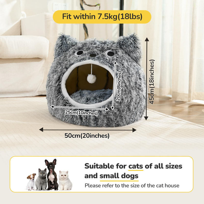 Gray Plush Cat Cave Bed with Soft Cushion