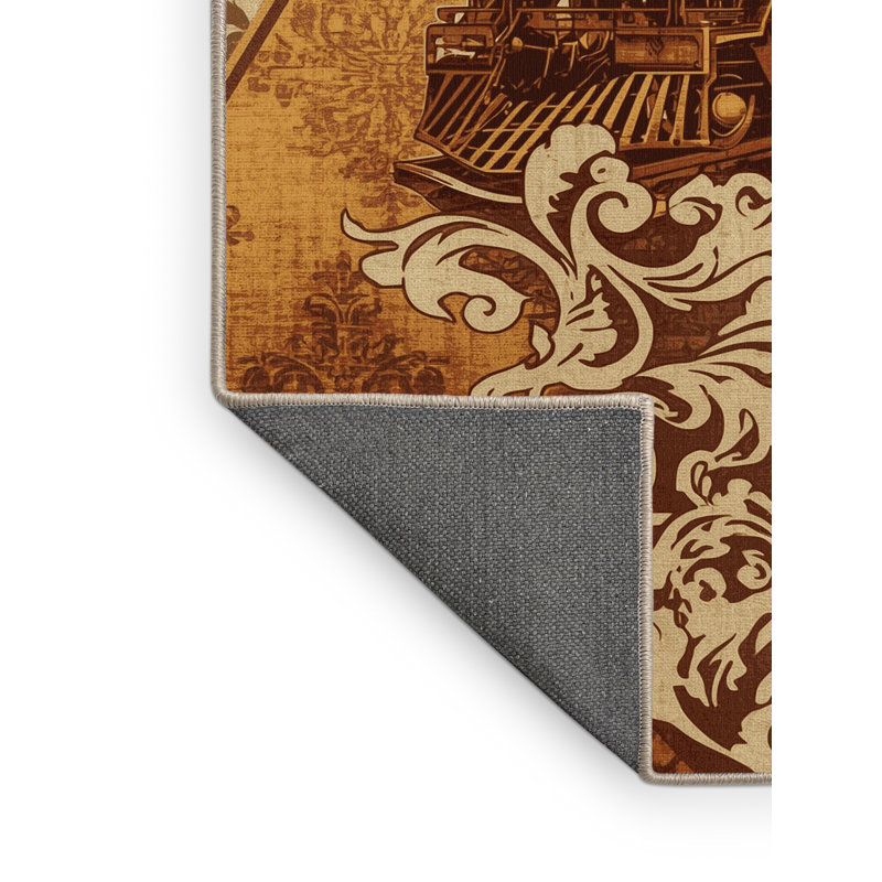 Tapis en peluche doux et moelleux rétro en forme de train damassé rétro brun et beige Ehlers, 7 x 10