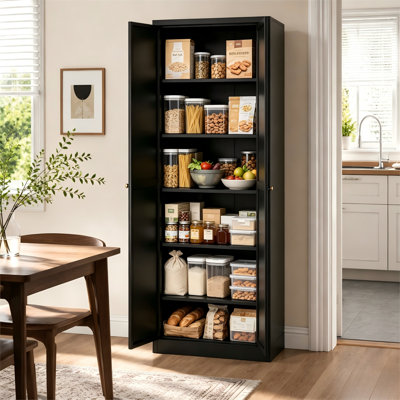 Black 72 Inch Heavy Duty Metal Storage Cabinet with Doors 5 Adjustable Shelves 66 lb Capacity per Shelf Quiet Magnetic Doors Anti Tip Wall Anchor Tool Free Assembly for Kitchen Pantry and Bathroom
