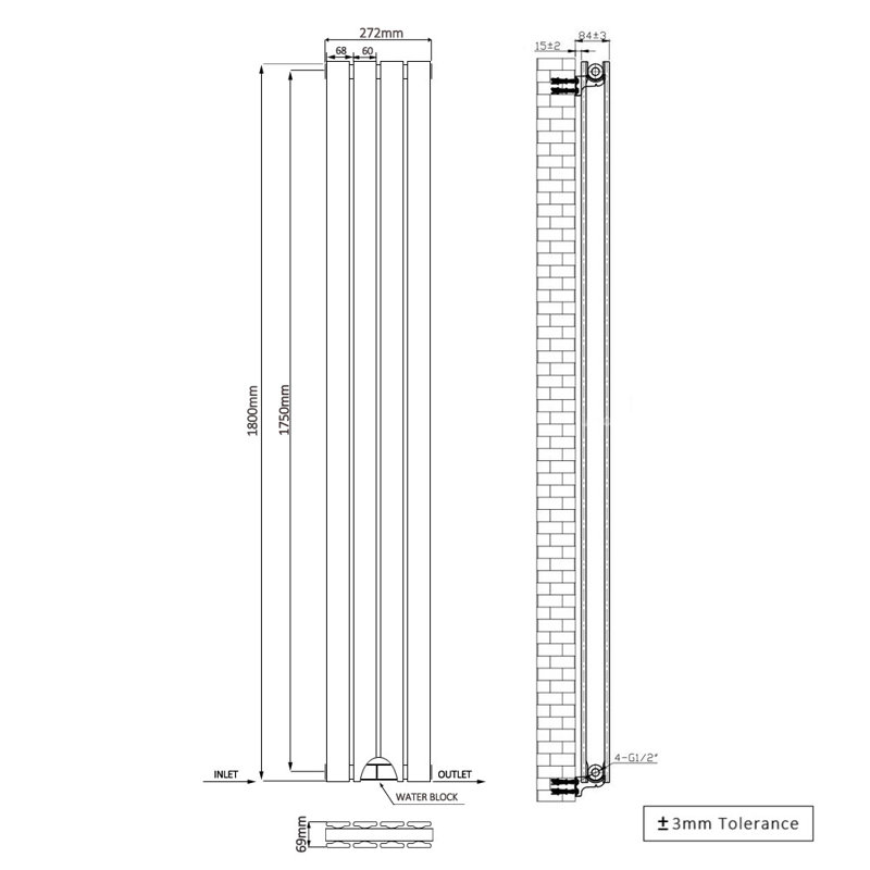 Shonna Vertical Double Flat Panel Radiator, Anthracite, 180cm H x 27.2cm W