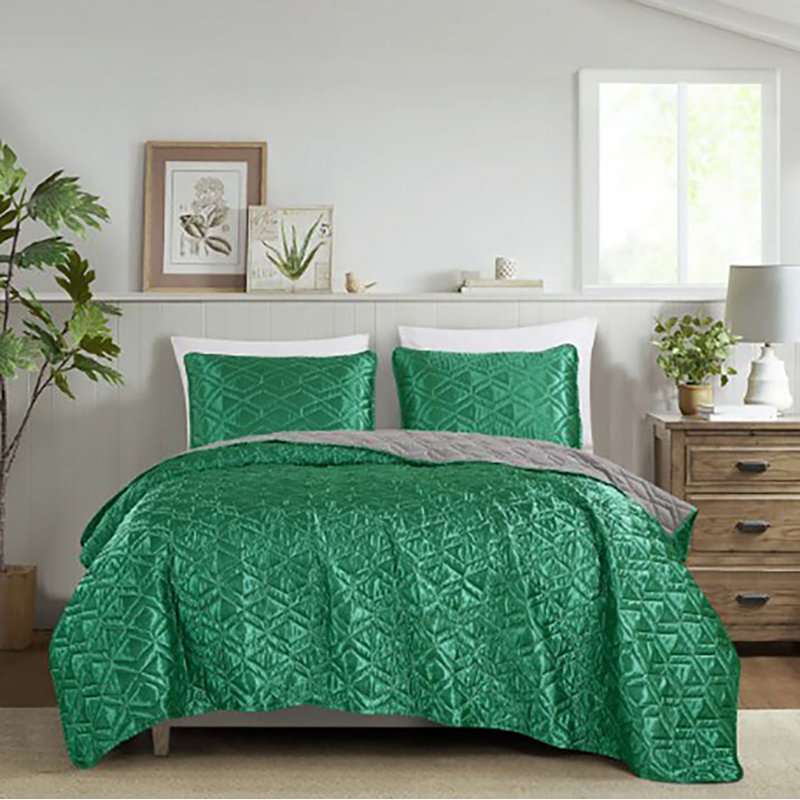 Ensemble de couvre-lit 3 pièces vert et gris, Courtepointe pour très grand lit + 2 tailles déc