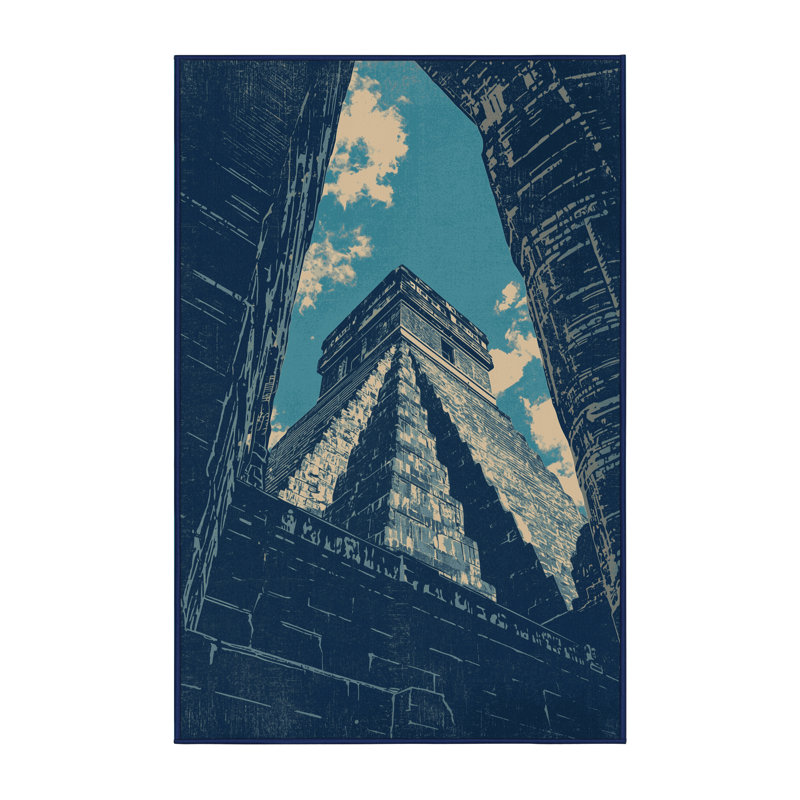 Tapis bleu délavé à la machine à motif de blocs de ruine Tule, 5 x 7