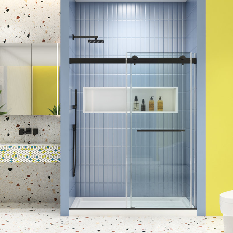 Porte de douche avec fonction de fermeture en douceur - verre trempé 5/16 po, noir mat, bon test de contournement 36 000 fois,