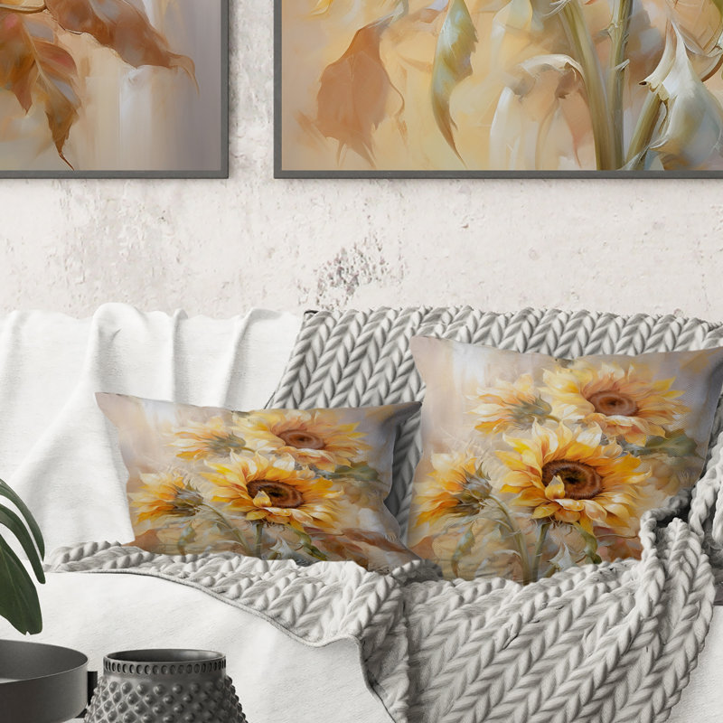 Coussin Beige Sunflowers Impression romantique - Impression de tournesols, 18" x 18"