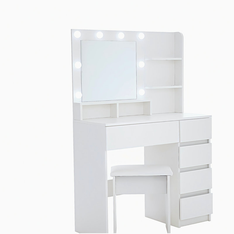 Vanity, Makeup Vanity Desk Set with Mirror & Light, Dressing Table Storage Lots with Power Strip, 3 Lighting Modes with Adjustable Brightness, 37 Inches  (White with Stool)