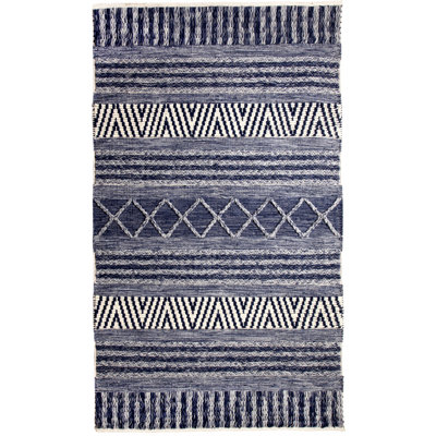 Tapis bleu/Ivoire en laine noué à la main ikat edwa