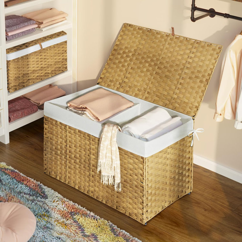 Storage Basket with Lid, 17.2 Gallon(65L) Small Wicker Blanket Storage Basket with Handles, Foldable, 2 Removable Liner Bags, Metal Frame, for Bedroom, Laundry Room