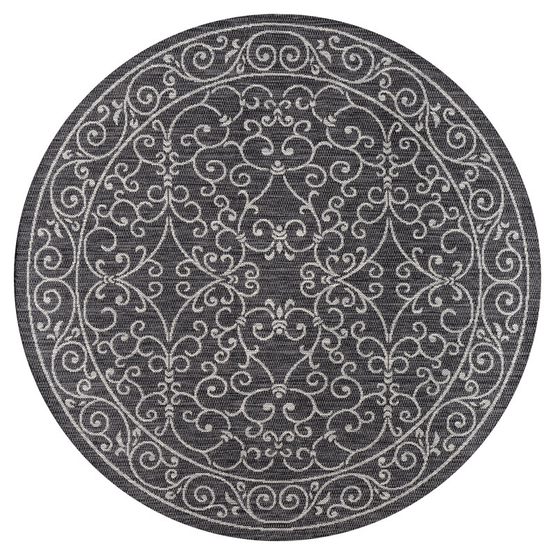 Hagerman Vintage Filigree Textured Weave Black/Gray Indoor/Outdoor Rug, Round 6'7"