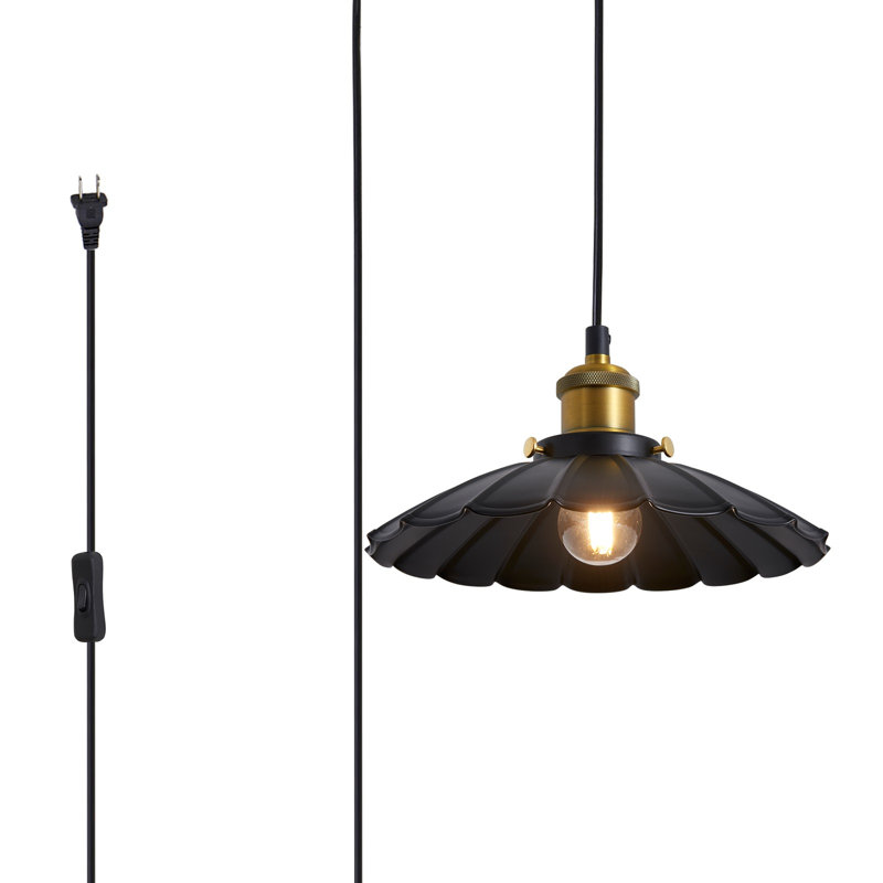 Pleated Plug In Hanging Light, Vintage Black 9.8 Inch Lampshade Plug In Pendant Light For Dining Room And Living Room, Kitchen Island Retro On/off Switch Hanging Lamp Fixtures
