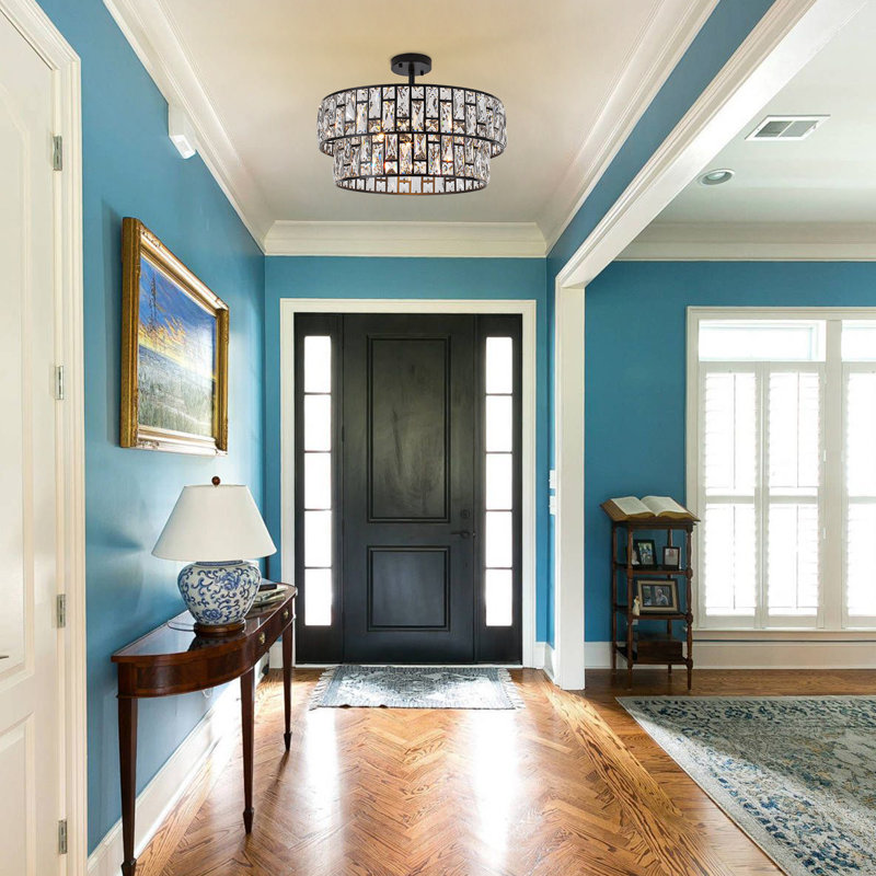 Lustre tambour moderne 6 lumières noir avec cristal K9 à 2 niveaux