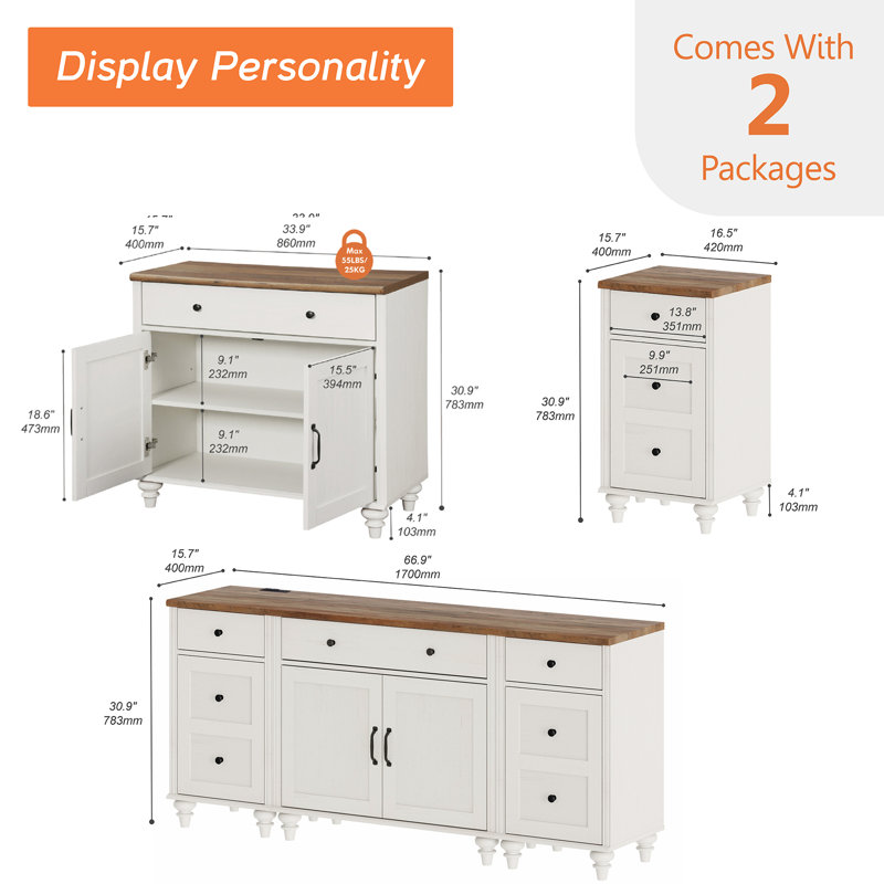 Buffet Cabinet With 3 Drawers, Large Morden Coffee Bar Table, Wooden Kitchen Storage Cabinets With 4 Doors, 3-In-1 Farmhouse Sideboard Credenza With Power Outlets For Dining Room, White, 67"