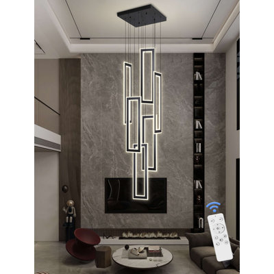 Modern Chandelier, Black Chandelier with 6 Ring Led Foyer Chandeliers,Larger High Ceiling Chandelier for Living Room,Square Chandelier for Entryway Staircase LED Dimming 2700k-6000k
