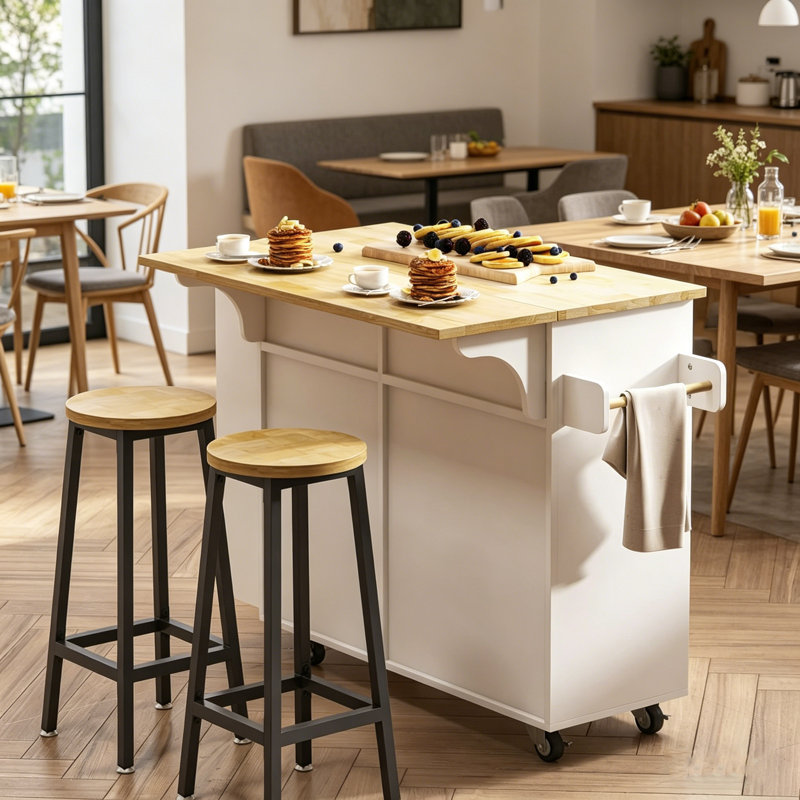 Kitchen Island with Drop Leaf,2 Drawers & Trash Can,Mobile Cart with Spice Rack,White, White